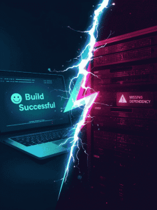 Split screen showing code working on a laptop but crashing on a server, illustrating the 'it works on my machine' problem