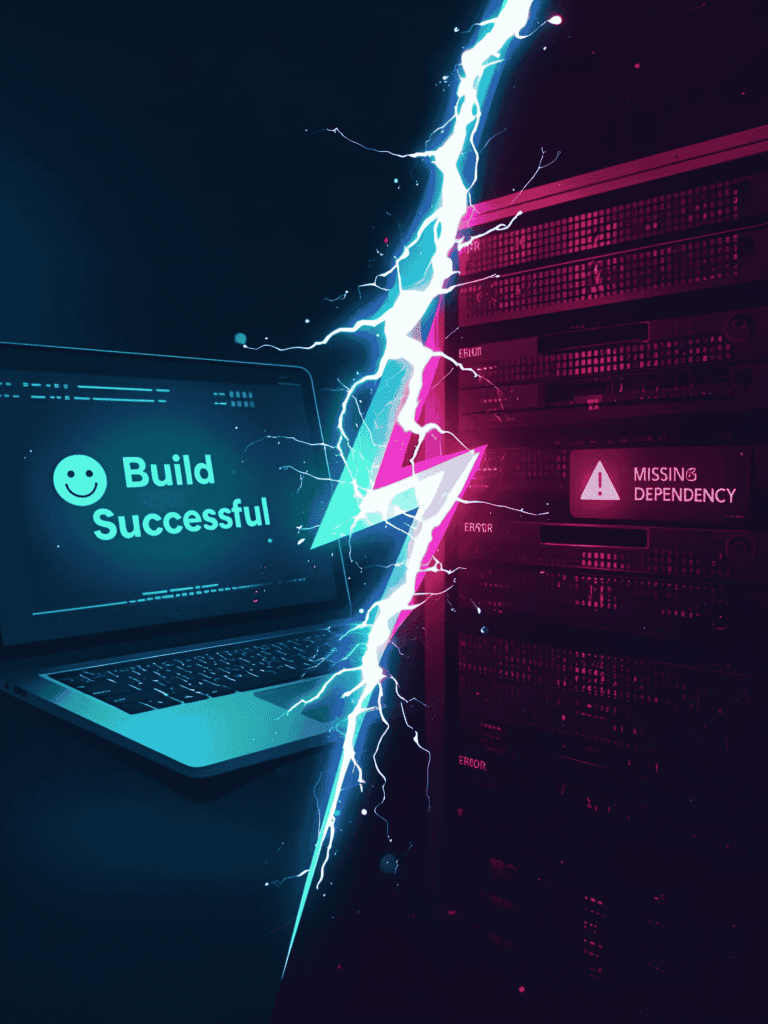 Split screen showing code working on a laptop but crashing on a server, illustrating the 'it works on my machine' problem