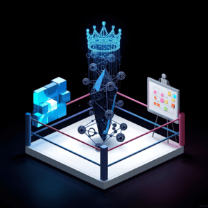 Conceptual illustration comparing Notion, Obsidian, and Trello as competing productivity tools in a boxing ring