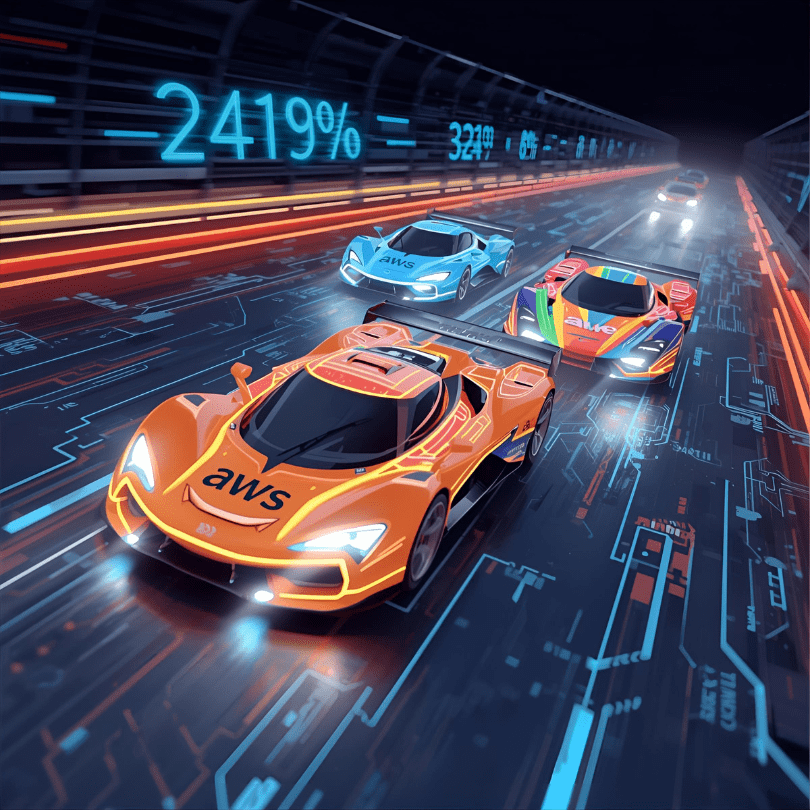 3D illustration of a race between three futuristic cars representing AWS, Azure, and Google Cloud market share