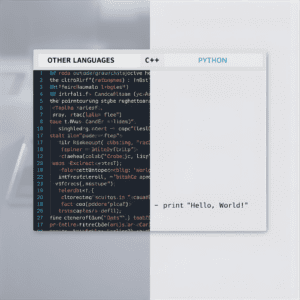 Infographic comparing complex C++ code vs. simple one-line Python code for "Hello World"