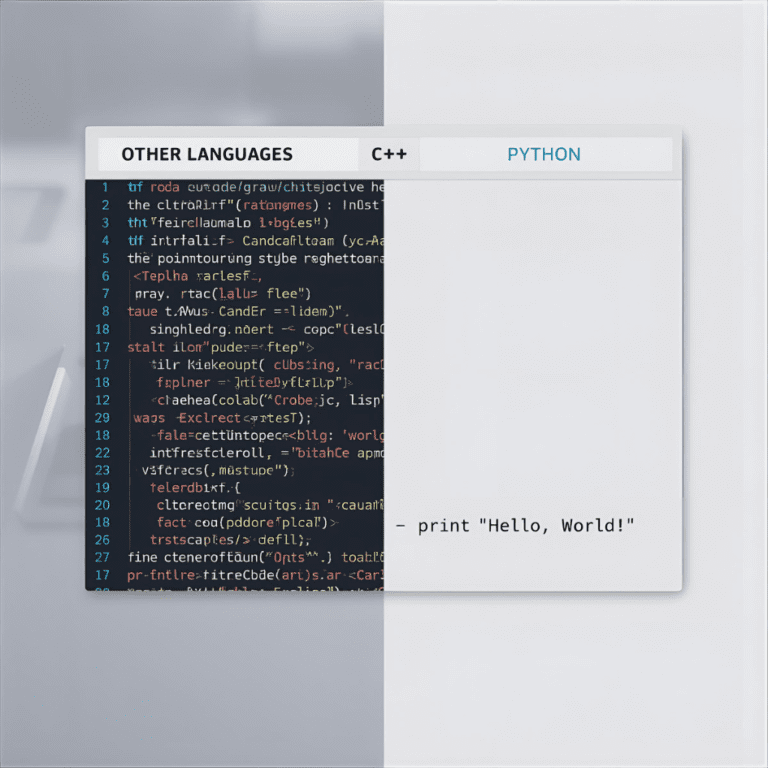 Infographic comparing complex C++ code vs. simple one-line Python code for "Hello World"