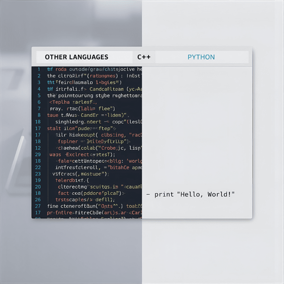 Infographic comparing complex C++ code vs. simple one-line Python code for "Hello World"