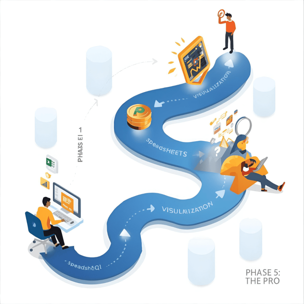 Infographic roadmap showing the stages of becoming a data analyst from Excel to SQL to Visualization and Python