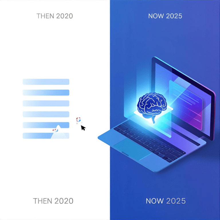 Illustration showing the change in Google Search from "10 blue links" in the past to "AI-generated direct answers" in the future