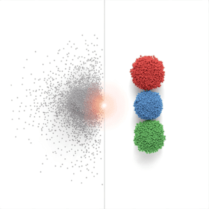 A before-and-after data visualization showing raw data points being organized into distinct clusters by an unsupervised learning algorithm