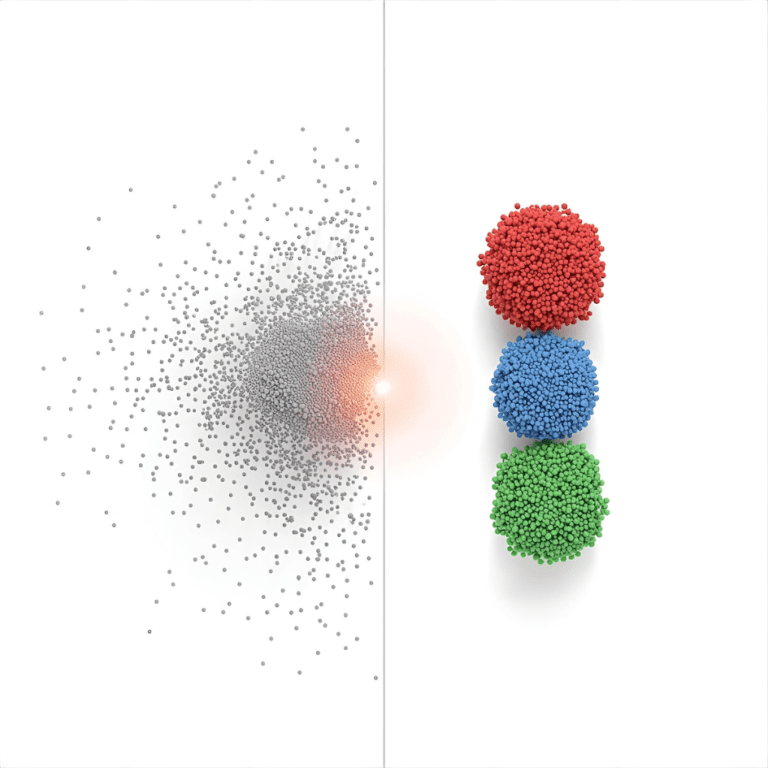 A before-and-after data visualization showing raw data points being organized into distinct clusters by an unsupervised learning algorithm