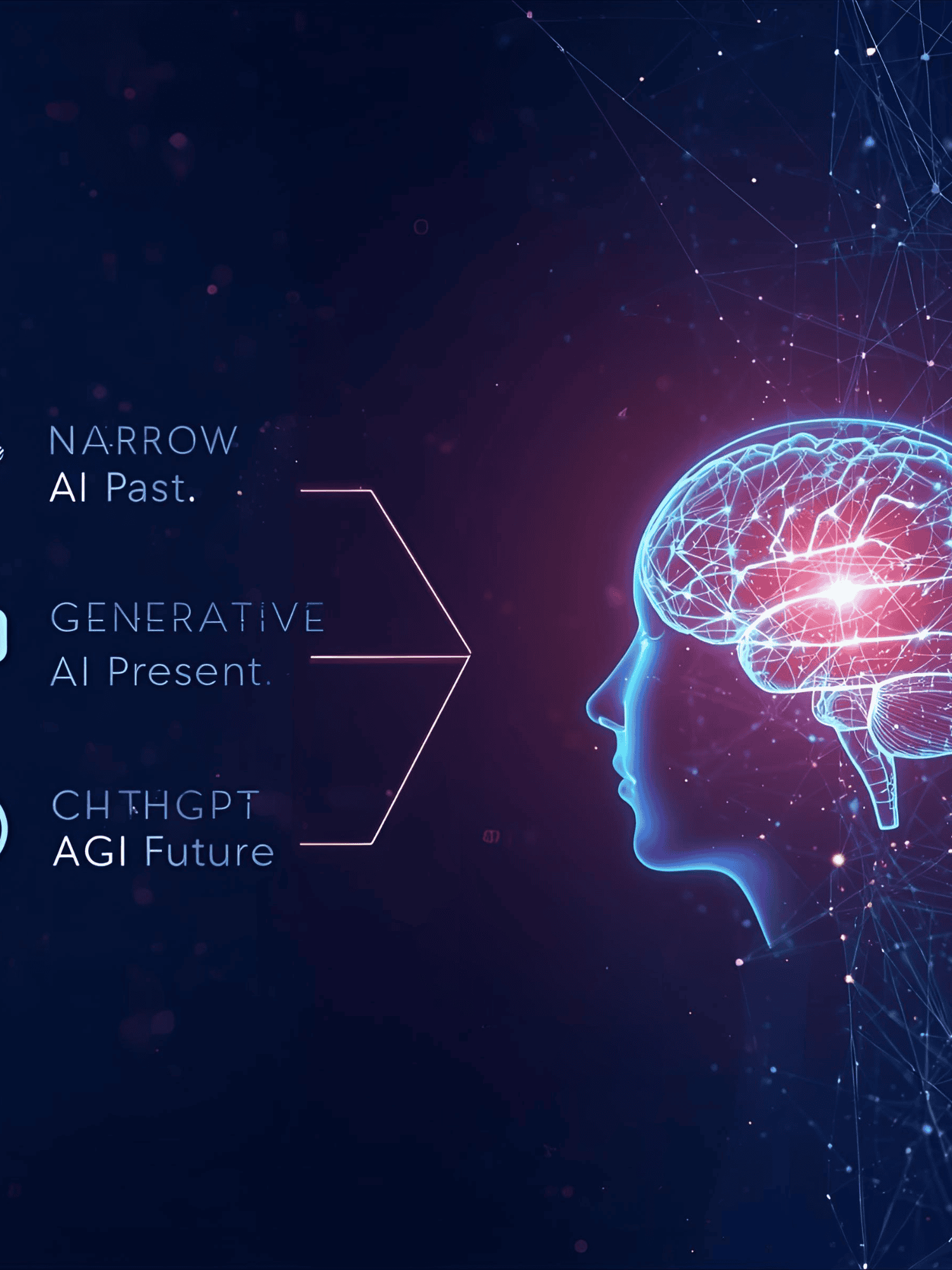 Digital artwork of a human head with neural network and brain illustration, highlighting AI development stages.