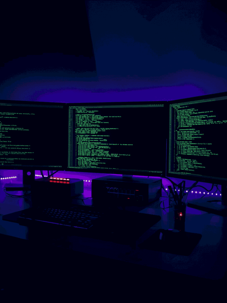 High-tech triple monitor desk with Linux code on screens, RGB lighting, gaming keyboard, and mouse, ideal for programmers.