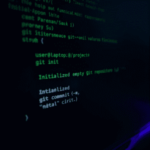Close-up photo of a computer screen showing a terminal window executing basic git init and git commit commands