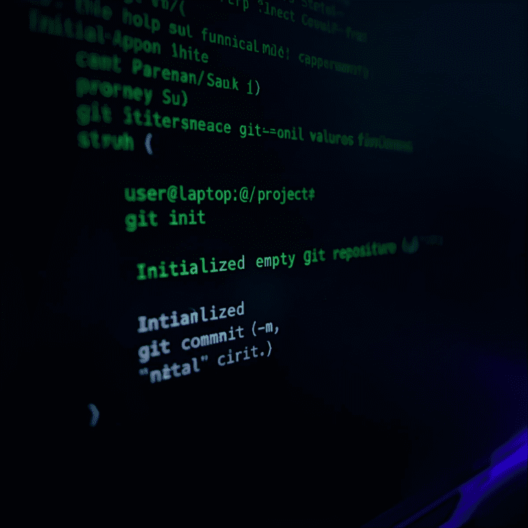 Close-up photo of a computer screen showing a terminal window executing basic git init and git commit commands
