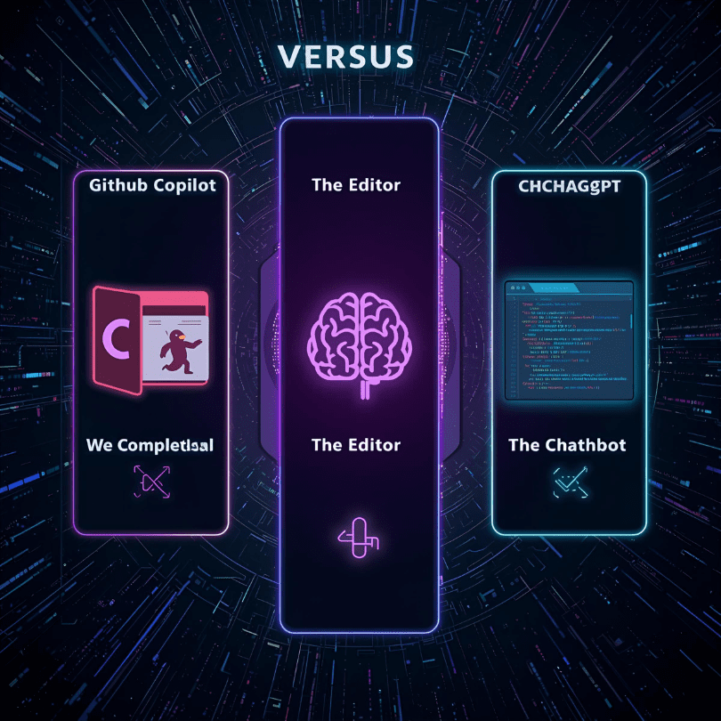 Infographic comparing GitHub Copilot (plugin), Cursor (editor), and ChatGPT (chatbot) for AI coding assistance