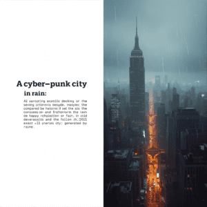 New York City skyline in heavy rain with illuminated streets and iconic Empire State Building during a cyber-punk weather event.