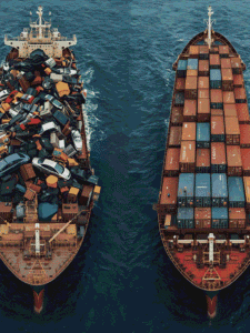 Large cargo ships carrying cars and containers on open water.