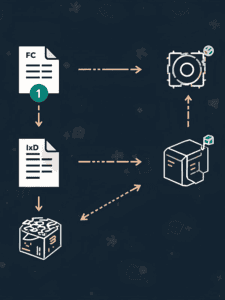 File processing and 3D printing illustration with icons for file formats and 3D printer.