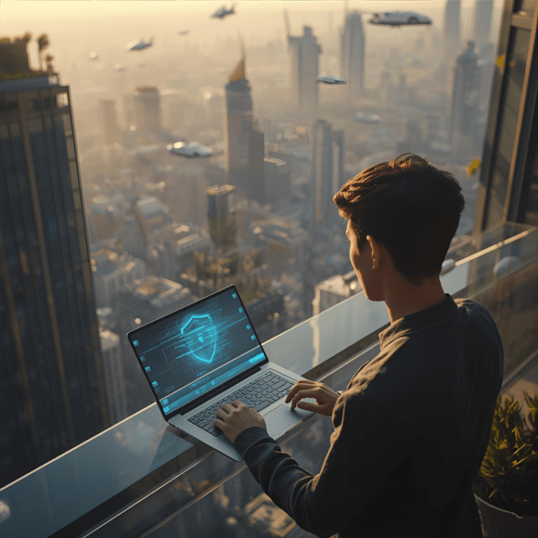 Future digital nomad working on a holographic laptop overlooking a sustainable smart city