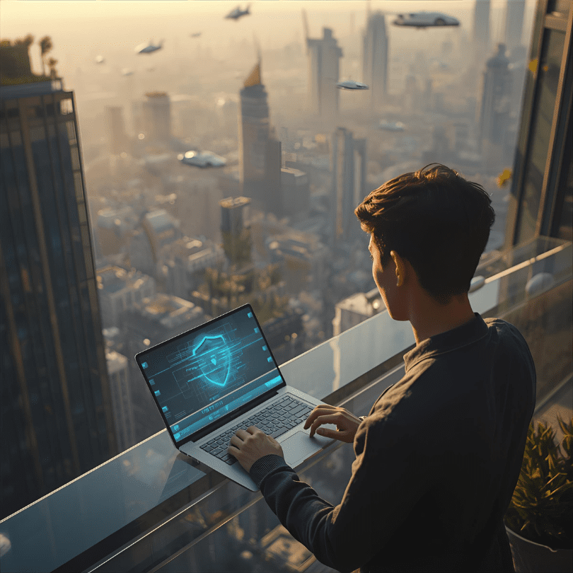 Future digital nomad working on a holographic laptop overlooking a sustainable smart city