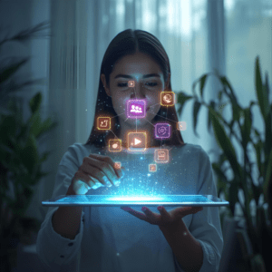 A person using a futuristic tablet to drag and drop digital elements, building a website without code