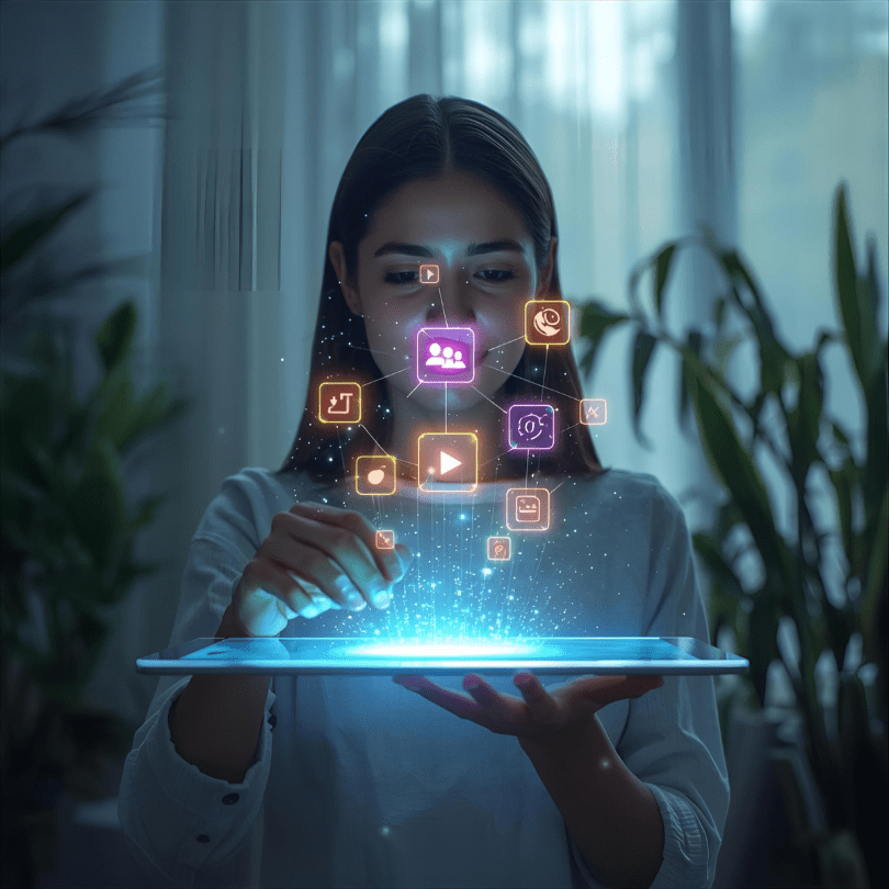 A person using a futuristic tablet to drag and drop digital elements, building a website without code